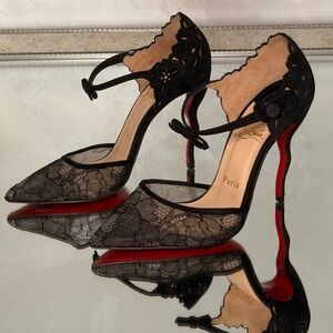 Christian Louboutin Black Lace D'Orsay Pumps with Red Sole